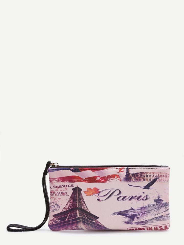 Romwe Beige Tower Print Pu Wallet