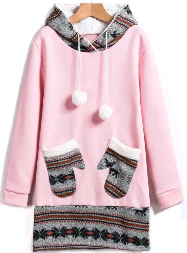 Romwe Pink Hooded Deer Pockets Sweatshirt