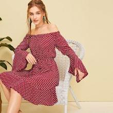 Romwe Polka Dot Print Flounce Sleeve Dress