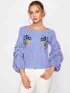 Romwe Puff Sleeve Flower Embroidery Gingham Top