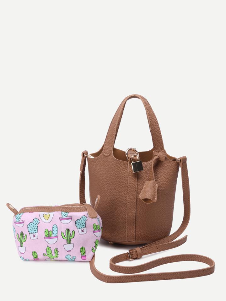 Romwe Khaki Pebbled Pu Bucket Bag With Cartoon Print Clutch