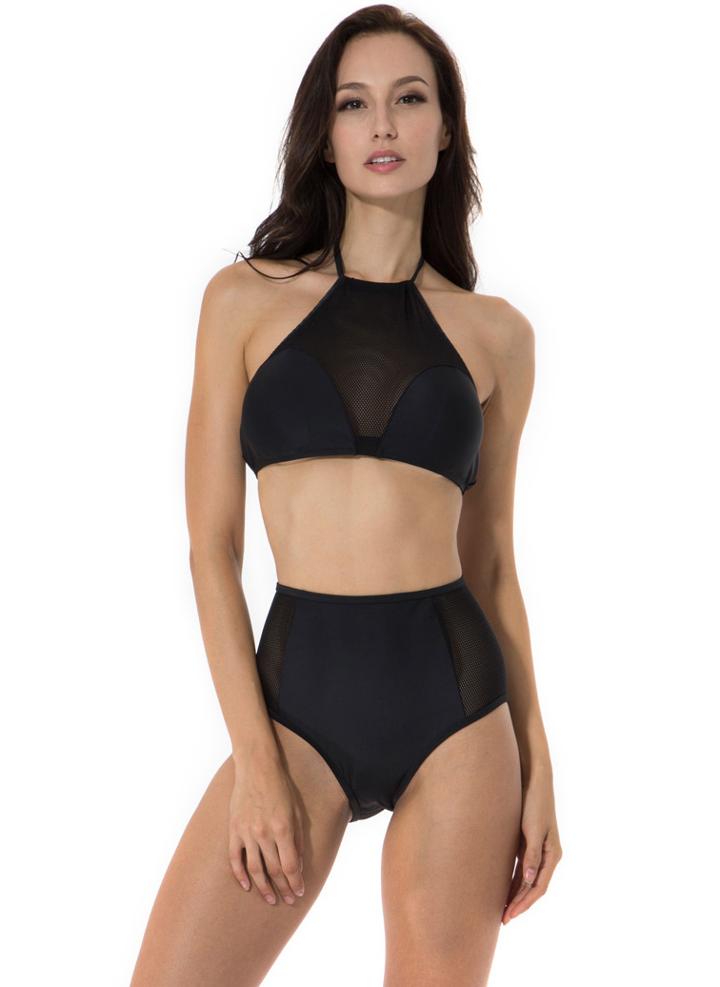 Romwe Black Halter Mesh-inset High Waist Bikini Set