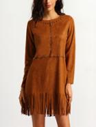 Romwe Long Sleeve Fringe Studded Suede Dress