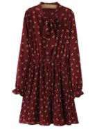 Romwe Burgundy Long Sleeve Tie Neck Bow Print Dress