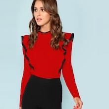 Romwe Contrast Trim Button Keyhole Ruffle Tee