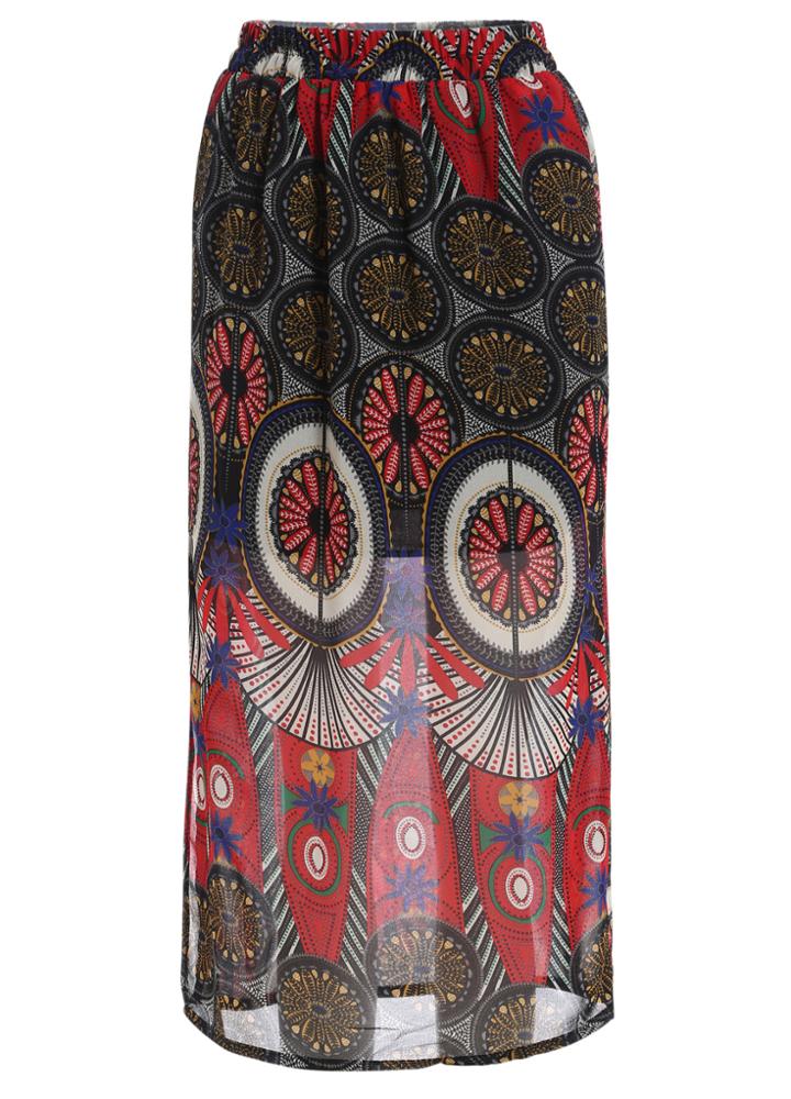 Romwe Elastic Waist Tribal Print Chiffon Red Skirt