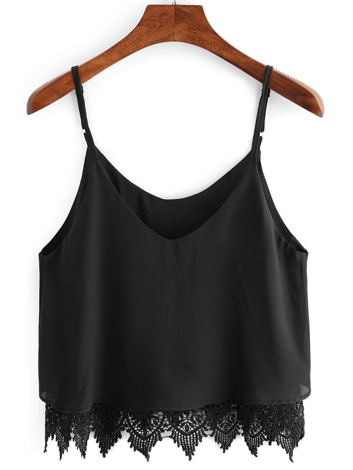 Romwe Black Lace Crochet Scalloped Hem Cami Top