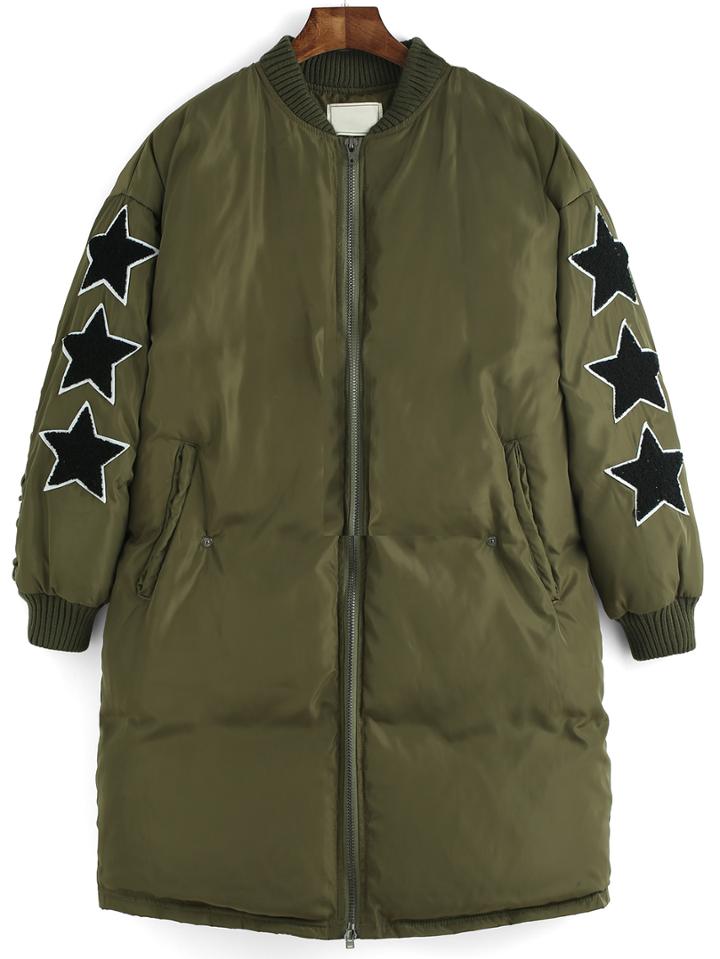 Romwe Zipper Stars Patch Long Coat