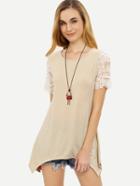 Romwe Apricot Crochet Sleeve Asymmetric T-shirt