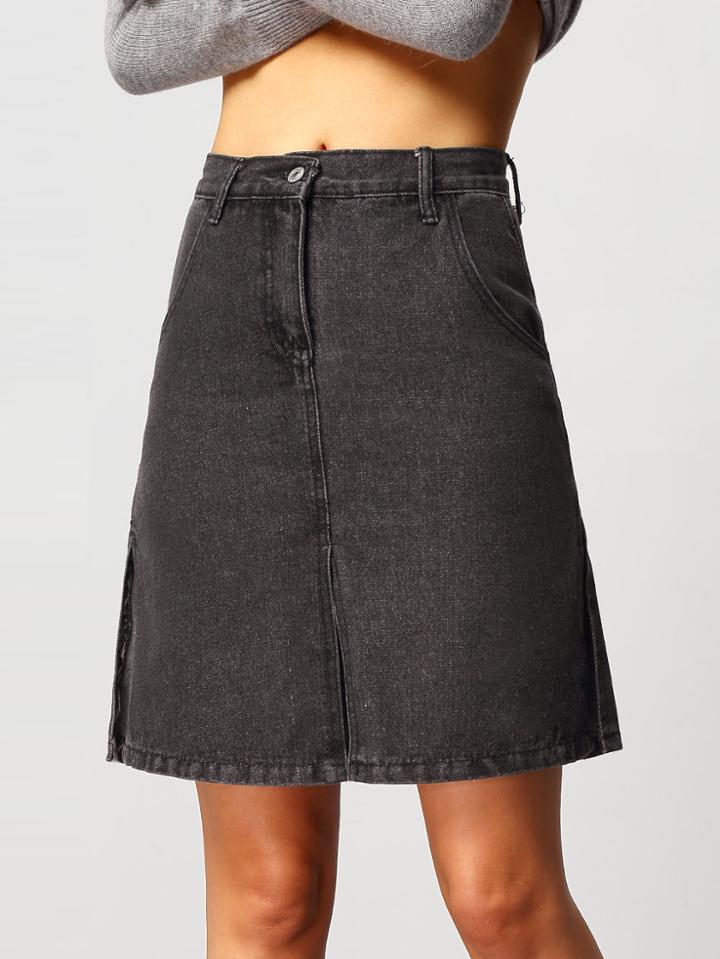 Romwe Pockets Split Denim Skirt