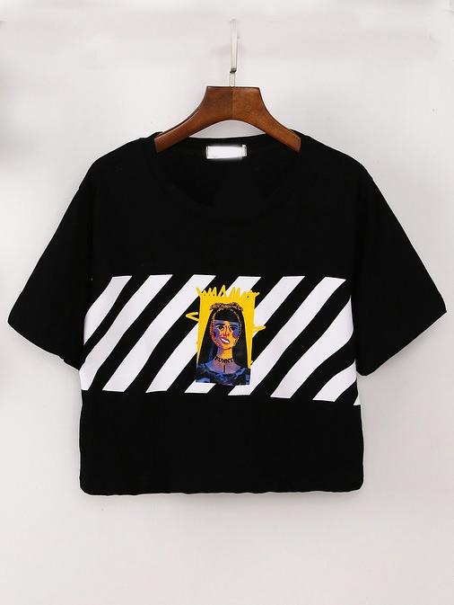 Romwe Portrait Print Crop T-shirt