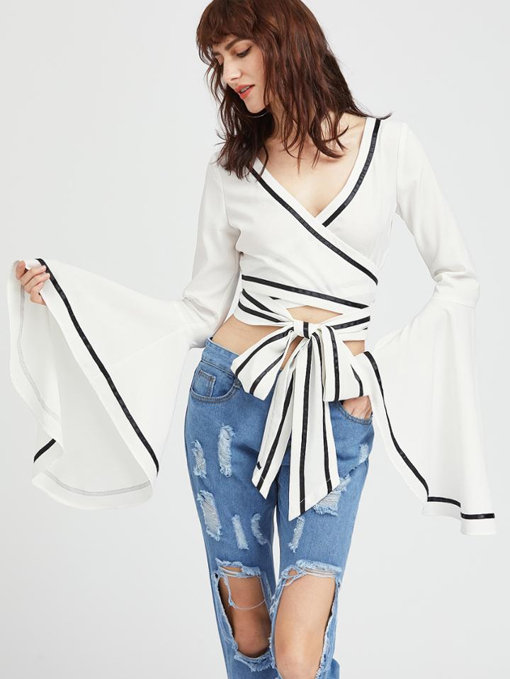 Romwe Contrast Binding Drama Sleeve Cross Wrap Top