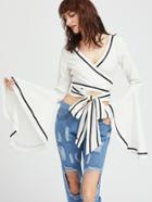 Romwe Contrast Binding Drama Sleeve Cross Wrap Top
