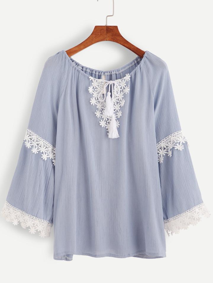 Romwe Blue Contrast Appliques Tassel Tie Blouse
