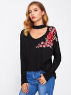 Romwe Choker Neck Flower Patch Tee
