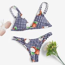Romwe Random Coconut Print & Gingham High Leg Bikini