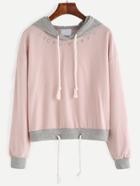 Romwe Pink Embroidered Contrast Trim Drawstring Hooded Sweatshirt