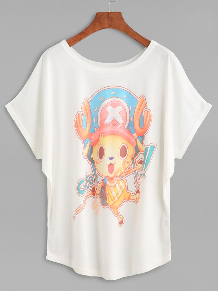 Romwe White Cartoon Print Loose T-shirt