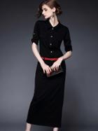 Romwe Black Lapel Half Sleeve Drawstring Pockets Dress
