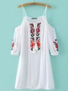 Romwe White Embroidery Cold Shoulder Tassel Dress