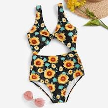 Romwe Random Floral Cut-out Knot Front One Piece Swim
