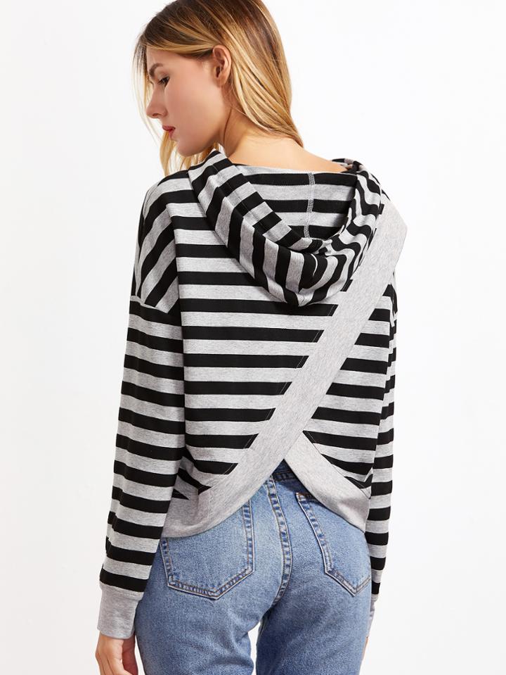 Romwe Black And Grey Striped Split Back Hoodie
