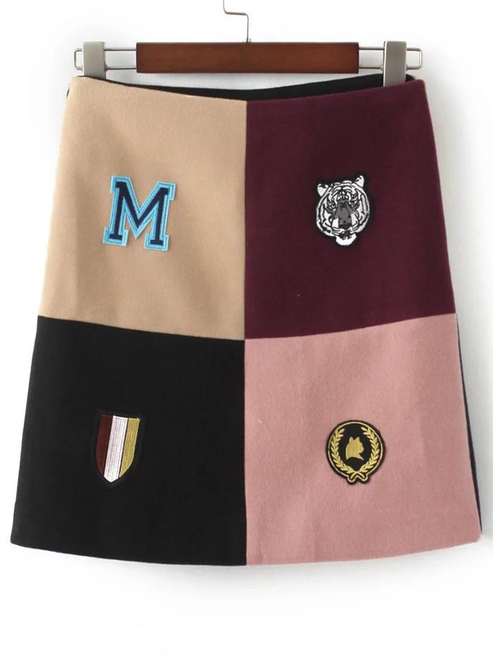 Romwe Patchwork Embroidery Side Zipper Skirt