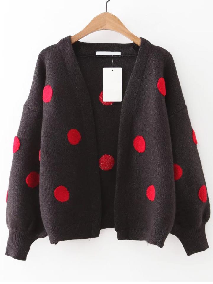 Romwe Coffee Polka Dot Lantern Sleeve Sweater Coat