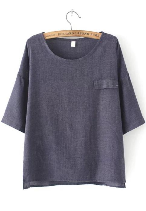Romwe Dip Hem With Pocket Navy T-shirt