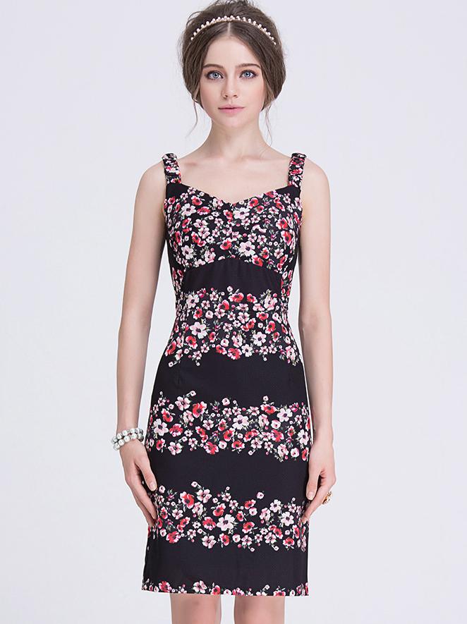 Romwe Black Spaghetti Strap Floral Bodycon Dress