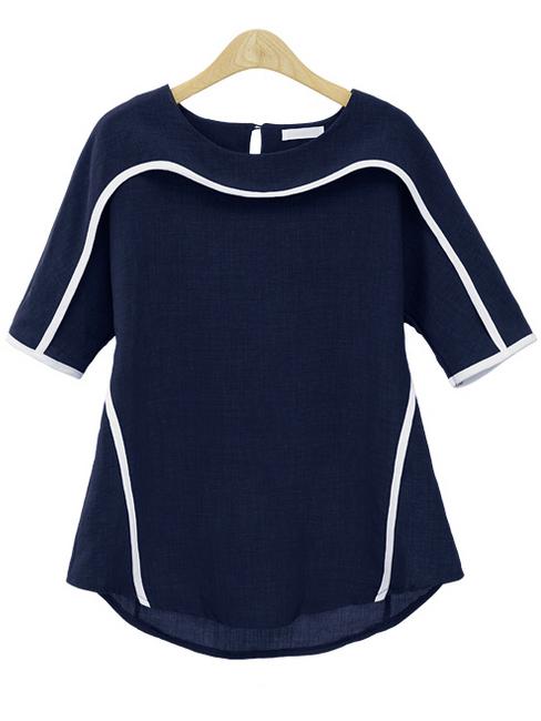 Romwe Blue Trimmed Buttoned Keyhole Back Loose Blouse
