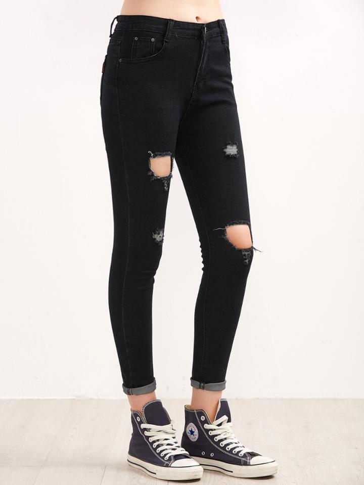 Romwe Black Ripped Rolled Hem Skinny Jeans