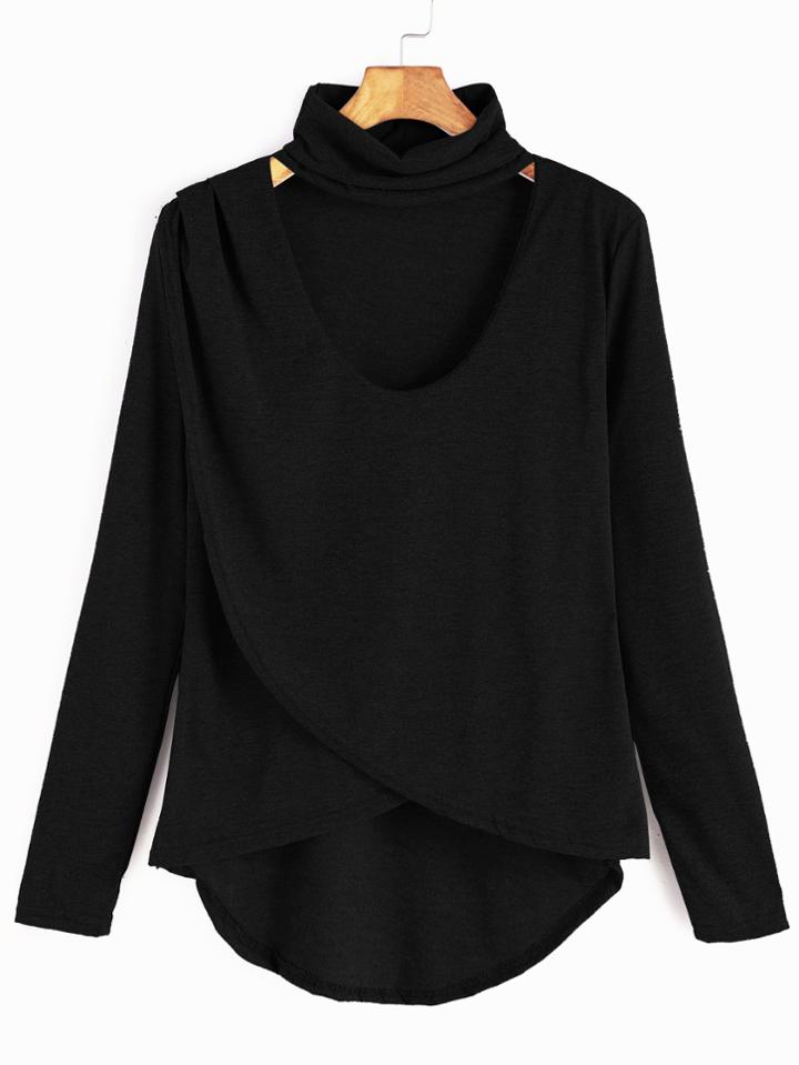 Romwe Black Dip Hem Choker Neck Wrap Front T-shirt