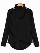 Romwe Black Dip Hem Choker Neck Wrap Front T-shirt