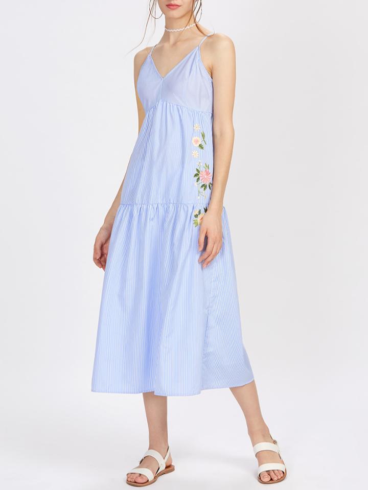 Romwe Flower Embroidered Mixed Stripe Tiered Cami Dress