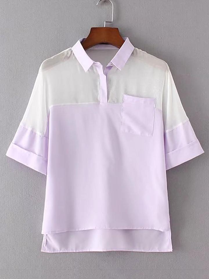 Romwe Contrast Mesh Rolled Cuff High Low Blouse