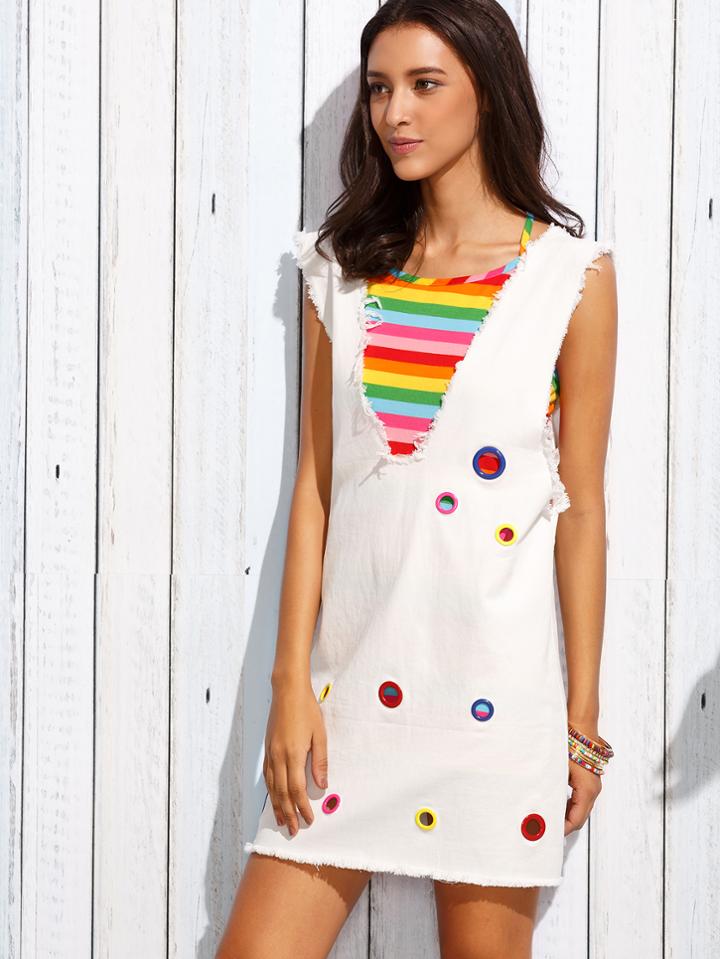 Romwe Deep V Neck Eyelet Frayed Tank Dress With Colorful Striped Cami Top