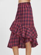 Romwe Tartan Plaid Elastic Waist Asymmetric Ruffle Skirt