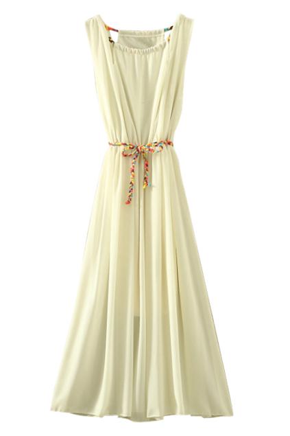 Romwe Self-tied Drawstring Pleated Sheer Apricot Dress