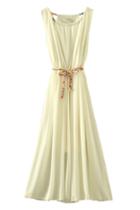 Romwe Self-tied Drawstring Pleated Sheer Apricot Dress