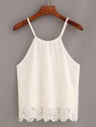 Romwe Lace Trimmed Keyhole Drawstring Neck Cami Top - White