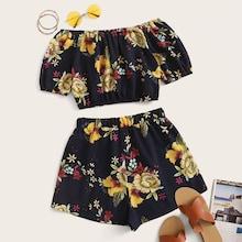 Romwe Off-shoulder Floral Print Blouse & Shorts