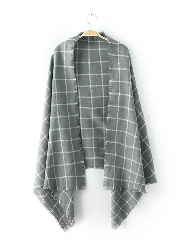 Romwe Grey Plaid Eyelash Fringe Shawl Scarf