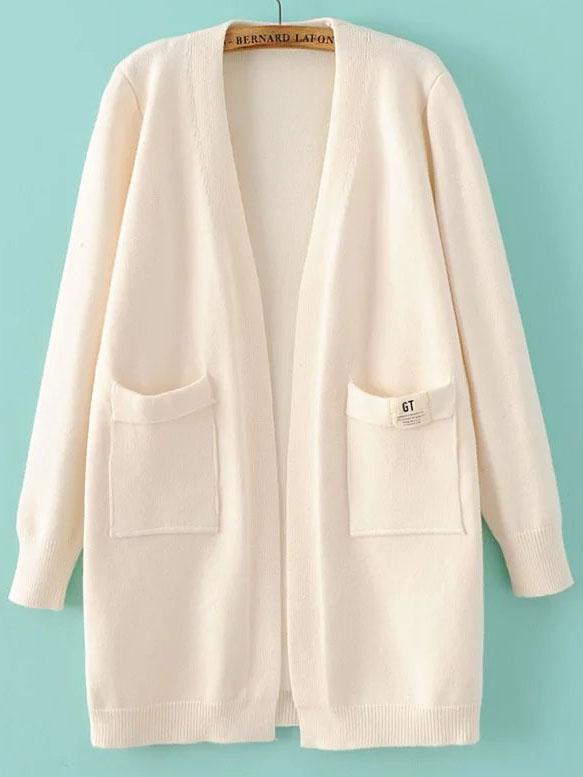 Romwe Beige Collarless Ribbed Trim Pocket Georgia Tech Cardigan