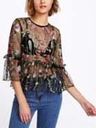 Romwe Frilled Trumpet Sleeve Tiered Botanical Mesh Top