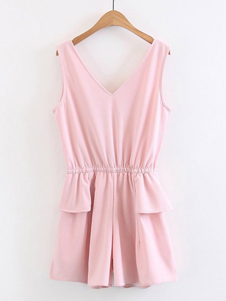 Romwe Double V Neck Shirred Waist Playsuit