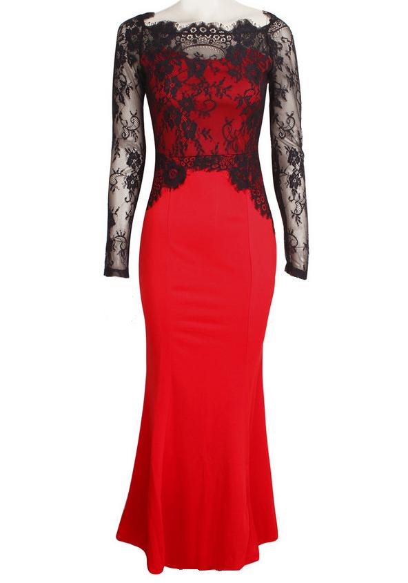 Romwe Red Lace Long Sleeve Slim Maxi Dress