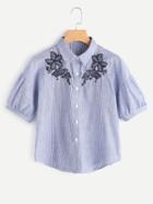 Romwe Vertical Pinstriped Floral Embroidered Blouse