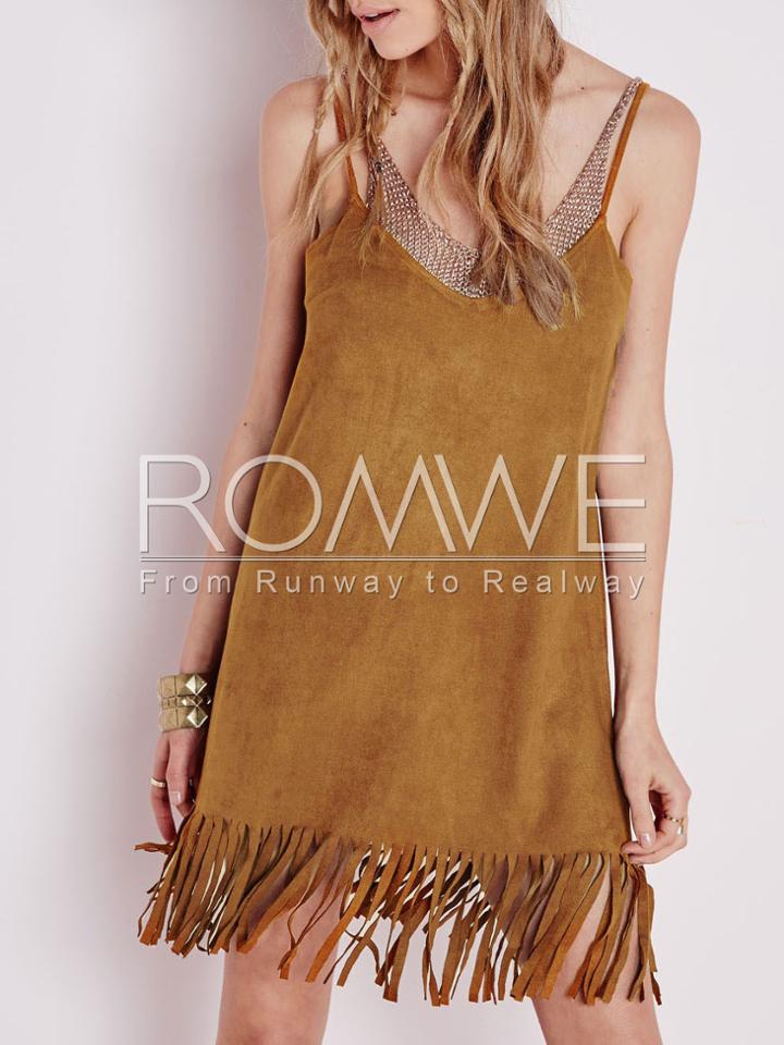 Romwe Brown Spaghetti Strap Tassel Dress