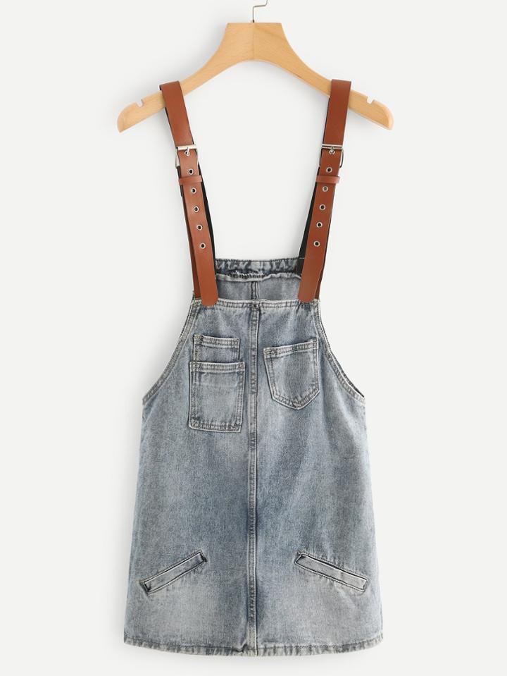 Romwe Pocket Detail Denim Dress With Leather Straps